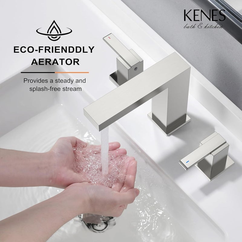 KENES 2 Handle Widespread Bathroom Faucets Brushed Nickel, Bathroom Sink Faucet 3 Hole Vanity Faucet with Lead-Free Supply Hose, KE-9050 - Image 4